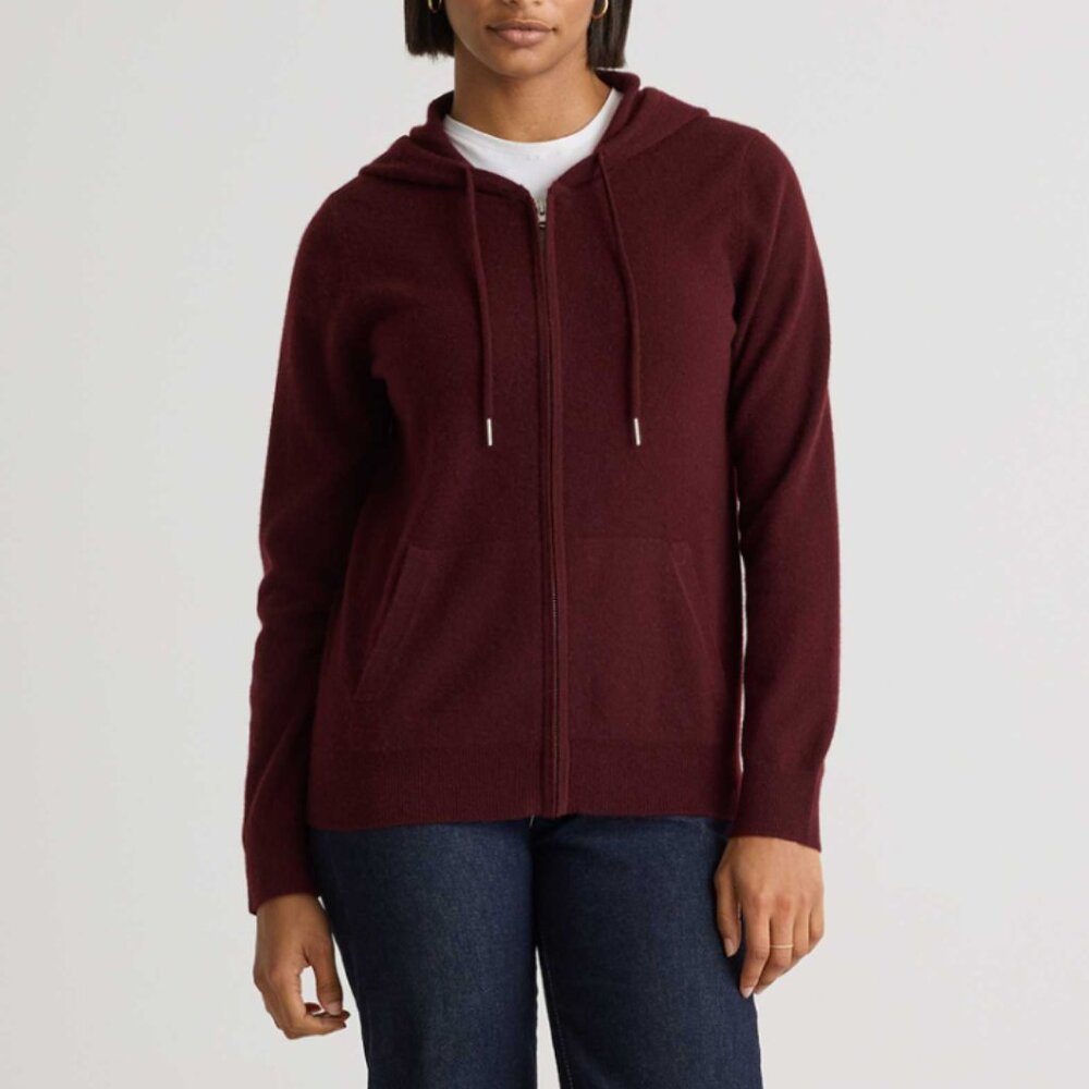 NWT Quince Mongolian Cashmere Full-Zip Hoodie Womens L Burgundy - Picture 2 of 6